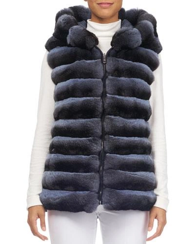 Norman Ambrose Zip-front Hooded Reversible Chinchilla Fur Quilted Vest In Light Blue
