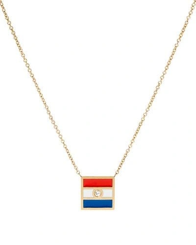 K Kane Code Flag Square Diamond Pendant Necklace - T In Blue/red
