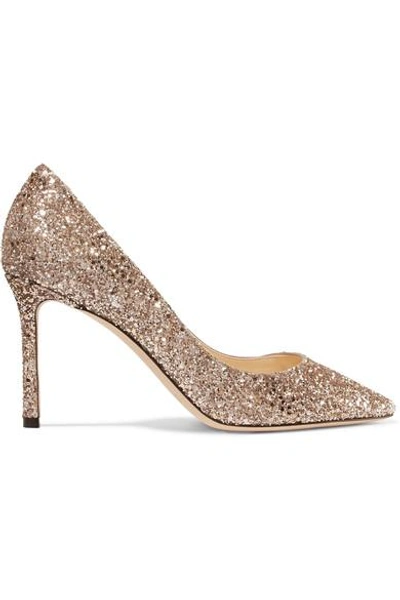 Jimmy Choo Romy 85 Glittered Leather Pumps In Gold