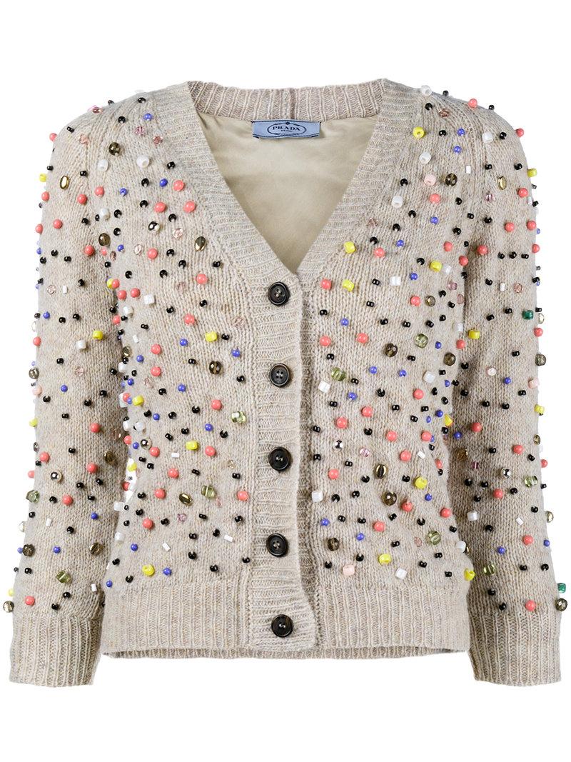Prada Beaded Cropped Cardigan In Nude & Neutrals ModeSens