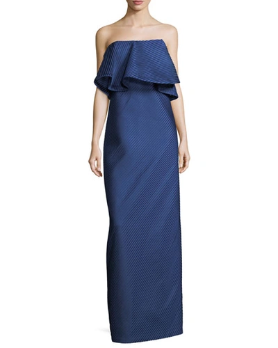 Halston Heritage Strapless Flounce Mesh Stripe Evening Gown In Navy