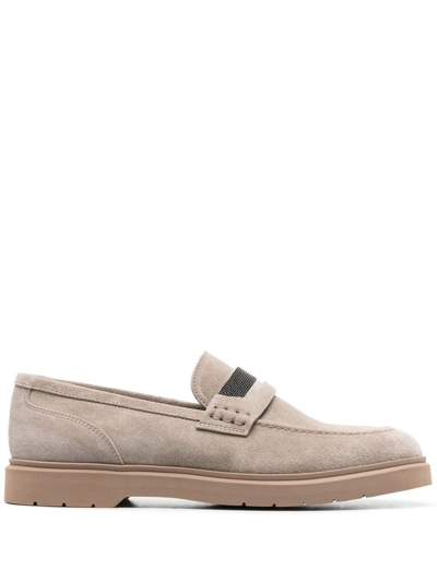 Brunello Cucinelli Suede Loafer With Monili Band In Grey