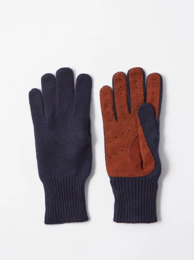 Brunello Cucinelli Suede-trimmed Cashmere Gloves In Navy Blue