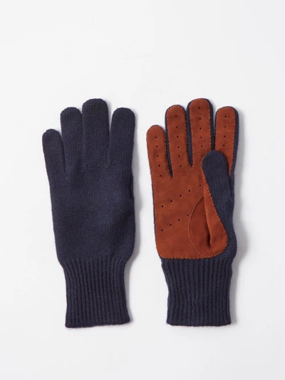 Brunello Cucinelli Suede-trimmed Cashmere Gloves In Blue