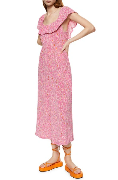knee length dresses for ladies Yellow Sleeveless Floral Micro Ruffle Trapeze Midi Dress