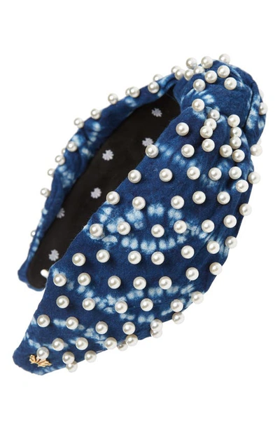 Lele Sadoughi Embellished Shibori-print Cotton Knotted Headband In Blue/white