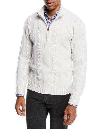 Kiton Cashmere Cable-knit Half-zip Sweater In Ivory