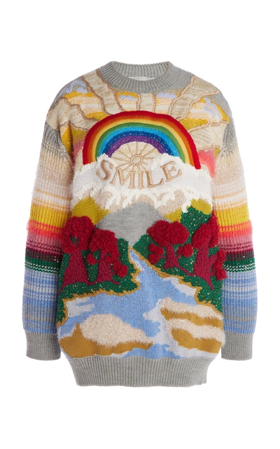 Stella Mccartney Festive Smile Embroidered Intarsia Wool-blend Sweater In Multi