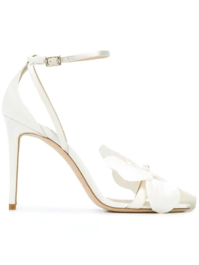 Jimmy Choo Aurelia 100 Ivory Satin Sandals With Orchid In White