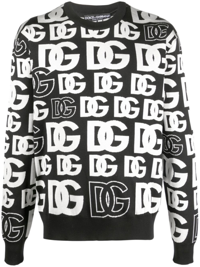 Dolce & Gabbana Silk Jacquard Round-neck Sweater With Dg Logo In Black