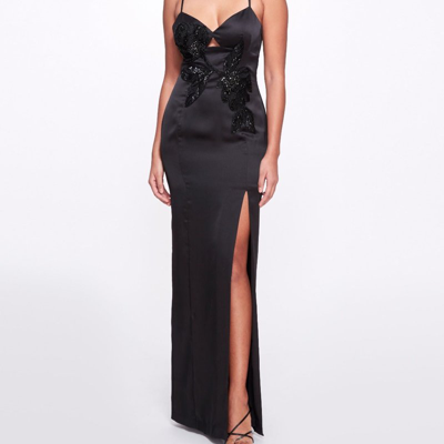 Marchesa Notte Cutout Beaded Charmeuse Column Gown In Black