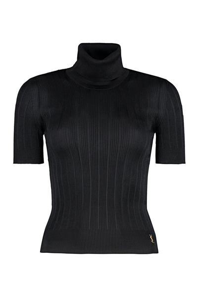 Saint Laurent Rib Short-sleeve Silk Turtleneck Sweater In Black