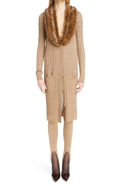 Saint Laurent Cable Knit Cardigan Long Sleeve Sweater Dress With Faux Fur Trim In Beige
