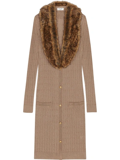 Saint Laurent Cable Knit Cardigan Long Sleeve Sweater Dress With Faux Fur Trim In Neutrals