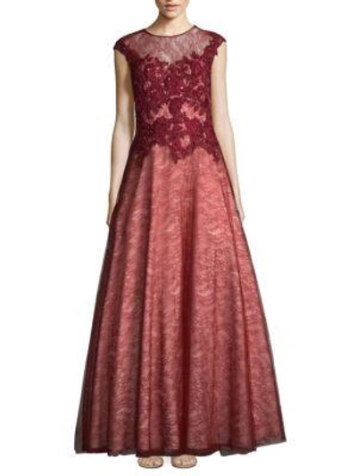 Basix Black Label Illusion Lace Accented Gown In Burgundy