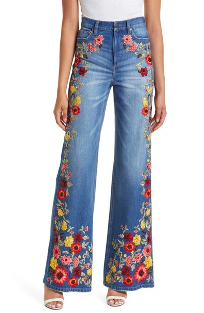Alice And Olivia Gorgeous Embroidered Wide Leg Trouser Jeans In Pasadena Blue
