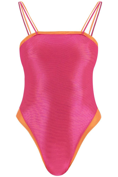Oseree Fuchsia And Orange Lamè Double Maillot One-piece Swimsuit