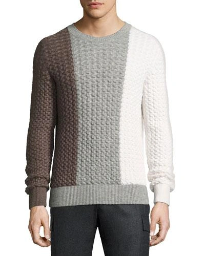 Berluti Tricolor Cable-knit Crewneck Sweater In Fancy Salt