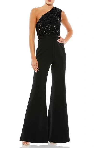 Ieena For Mac Duggal Sequined One Shoulder Jumpsuit And Satin Pant Dress In Black