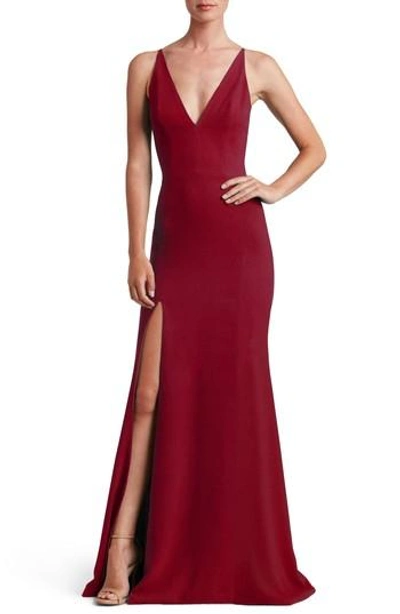 Dress The Population Iris Slit Crepe Gown In Garnet