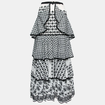 Pre-owned Just Cavalli Monochrome Embroidered Eyelet Cotton Tiered Maxi Skirt M In White