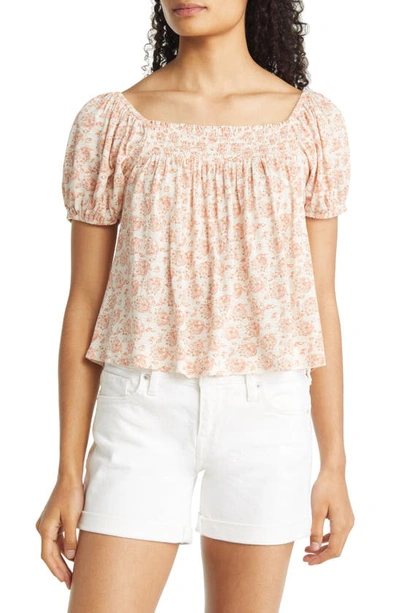 Lucky Brand Square Neck Floral Print Cotton Blend Top In Cream Multi