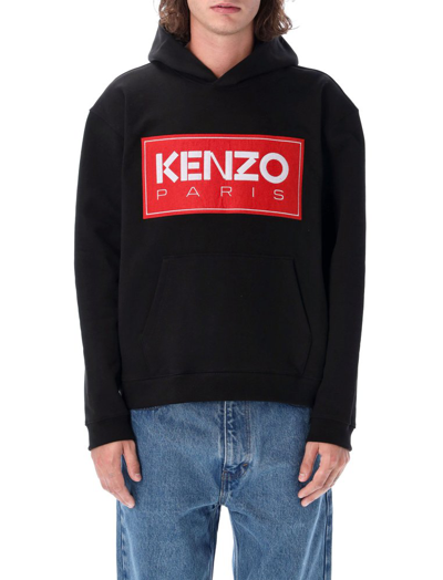 Kenzo Logo Print Cotton Molleton Hoodie In Nero
