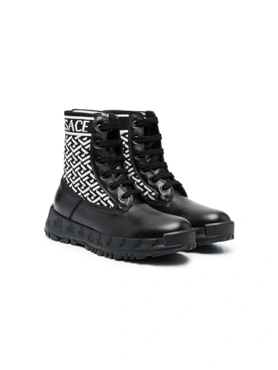 Versace Black La Greca Jacquard Leather Boots