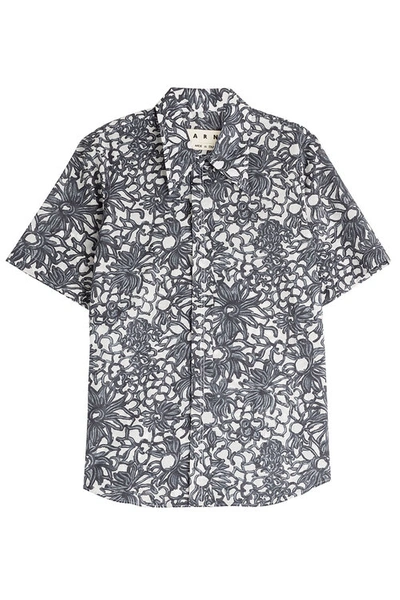 Marni Trim Fit Short Sleeve Cotton Voile Shirt In Grey/ White