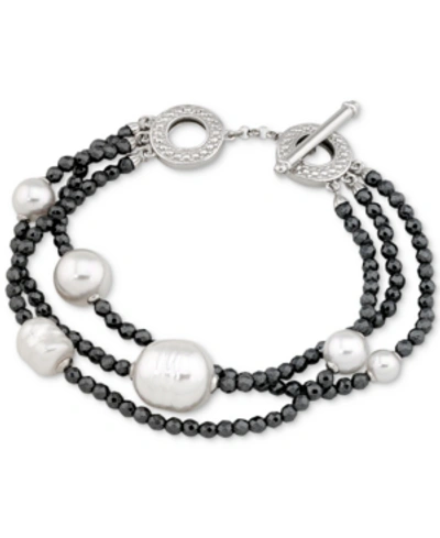 Majorica Two-tone Sterling Silver Imitation Pearl Multi-row Bracelet In Black/white