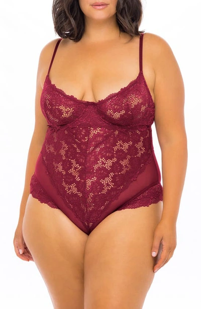 Oh La La Cheri Plus Size Unlined Lace Teddy Lingerie With Underwire In Red