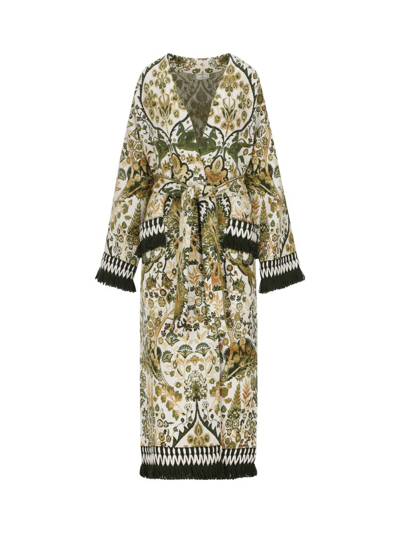 Etro Woman Long Coat In Green Jacquard Knit In Multicolour