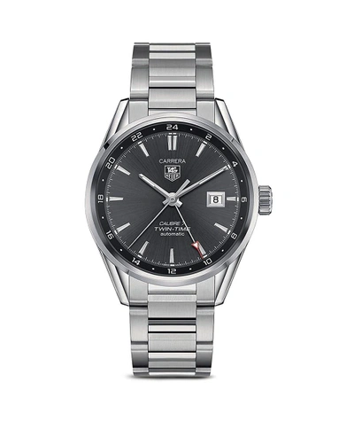 Tag Heuer Carrera Calibre 7 Twin-time Stainless Steel And Anthracite Dial Watch, 41mm In Silver/black