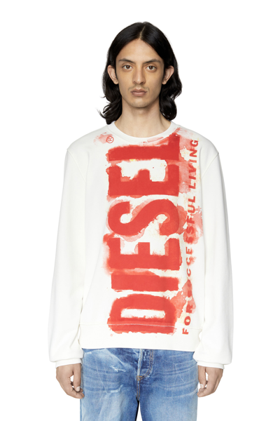 Diesel Logo Print Cotton Crewneck Sweatshirt In White