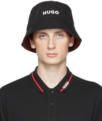 Hugo Reversible Logo-print Bucket Hat In Cotton Twill- Black Men's Caps Size Sm