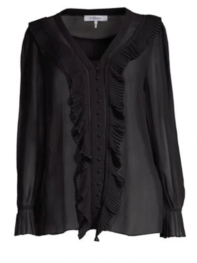 Frame V-neck Button-front Feminine Silk Blouse With Pleated Ruffles In Noir