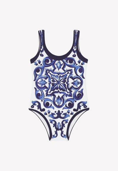 Dolce & Gabbana Baby Girls Majolica Print One-piece Swimsuit In Blue