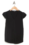 Adrianna Papell V-neck Tiered Ruffle Sleeve Crepe Knit Top In Black
