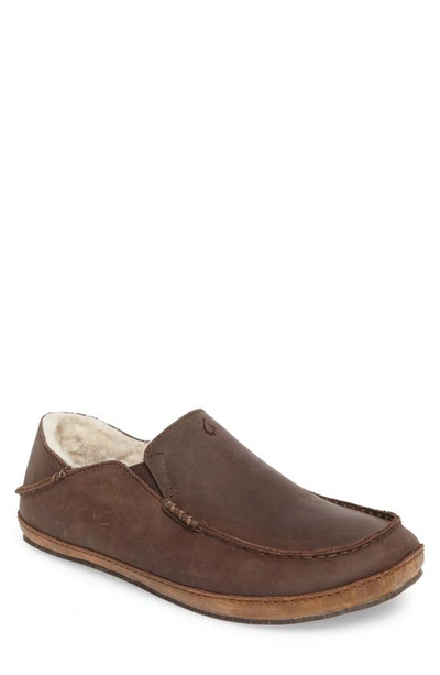 Olukai Moloa Genuine Shearling Convertible Slipper In Dark Wood Leather