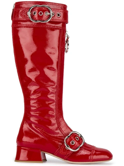 Miu Miu Red Patent Leather Zipper Knee Boots