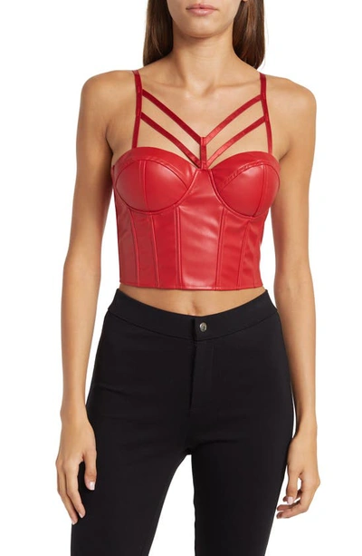 Secret Lace Caged Front Vegan Leather Bustier In Red