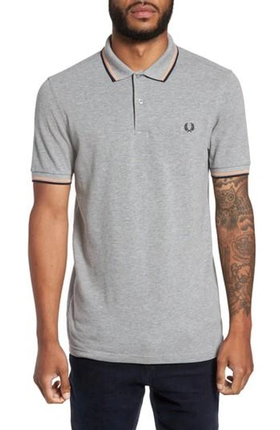 Fred Perry Extra Trim Fit Twin Tipped Pique Polo In Dark Carbon/ Sky Blue/ Shiraz