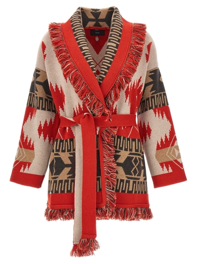 Alanui Geometric Cashmere Jacquard Belted Icon Cardigan In Red