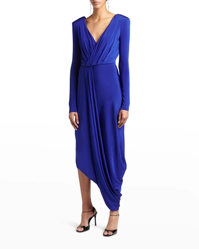 Giorgio Armani V-neck Draped Jersey Maxi Dress In Blue