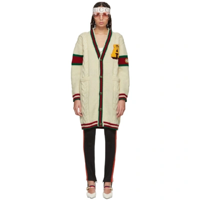 Gucci Embroidered Chunky Cable Knit Cardigan In White/multi