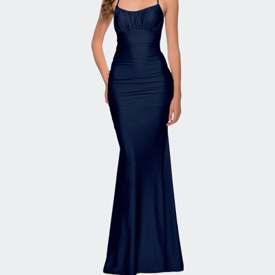 La Femme On Trend Jersey Long Dress With Ruching On Bodice In Blue