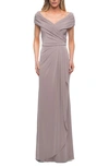 La Femme Ruched Jersey Long Gown In Silver