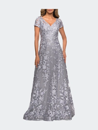 La Femme Long Lace Evening Dress With Cap Sleeves In Grey