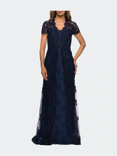 La Femme Long Lace Evening Dress With Scallop Detailing And Rhinestones In Blue