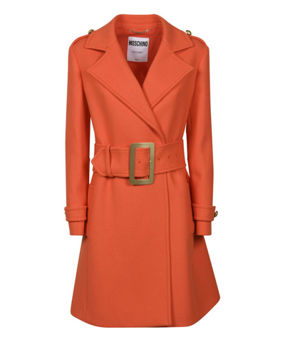 Moschino Double-breasted Belted Coat In Orange